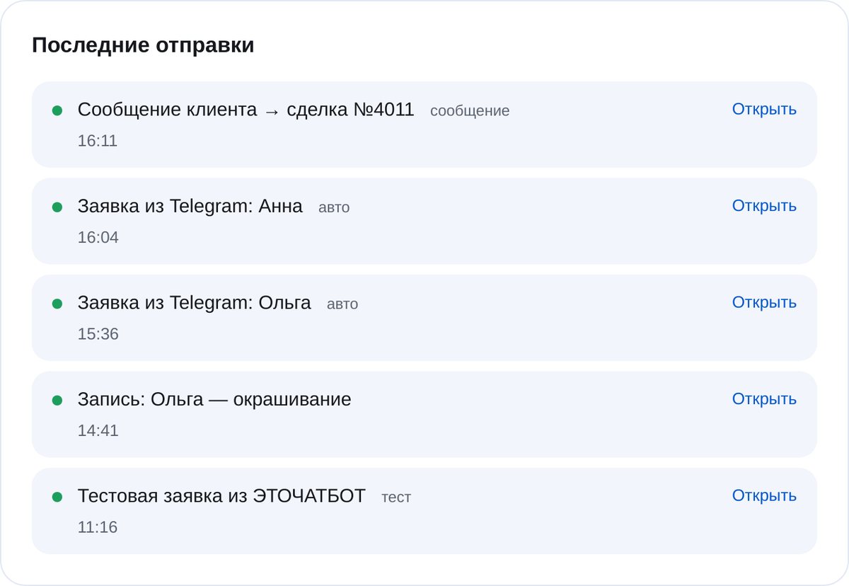 Последние отправки в amoCRM в кабинете ЭТОЧАТБОТ